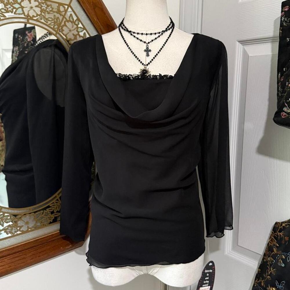 NWT Y2K Biyaycda Black 3/4 Sleeve Mesh Cowl Neck Witchy Lace Trim Dark Femme Top